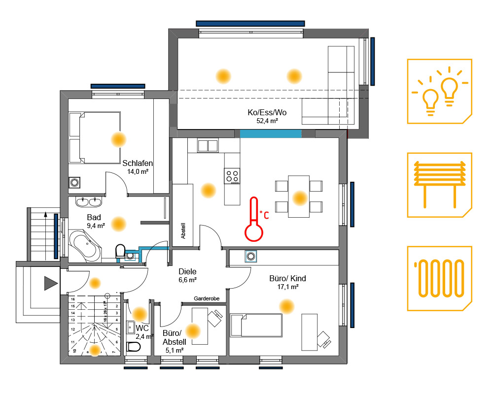 Haus Grundrissplan mit eingezeichneten Lichtquellen, Jalousien und Raumtemperaturregler
